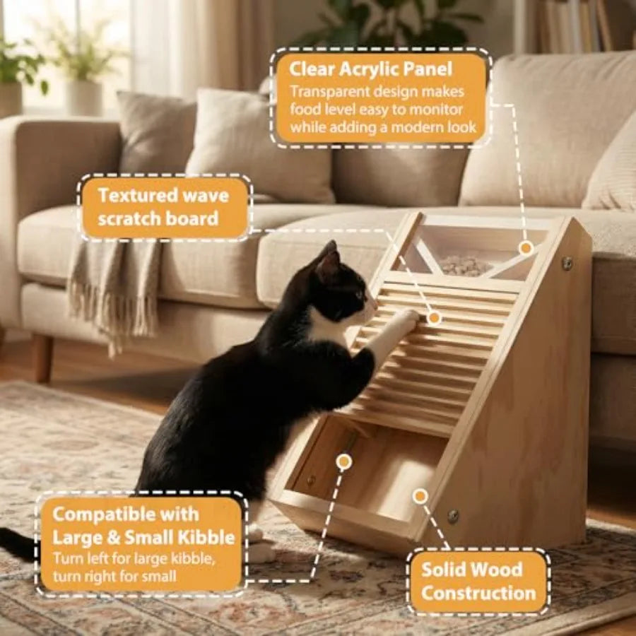 Interactive Wooden Cat Treat Toy for Indoor Cats Paw-Activated Reward Feeder in Natural Wood Finish Mental Stimulation Puzzle F