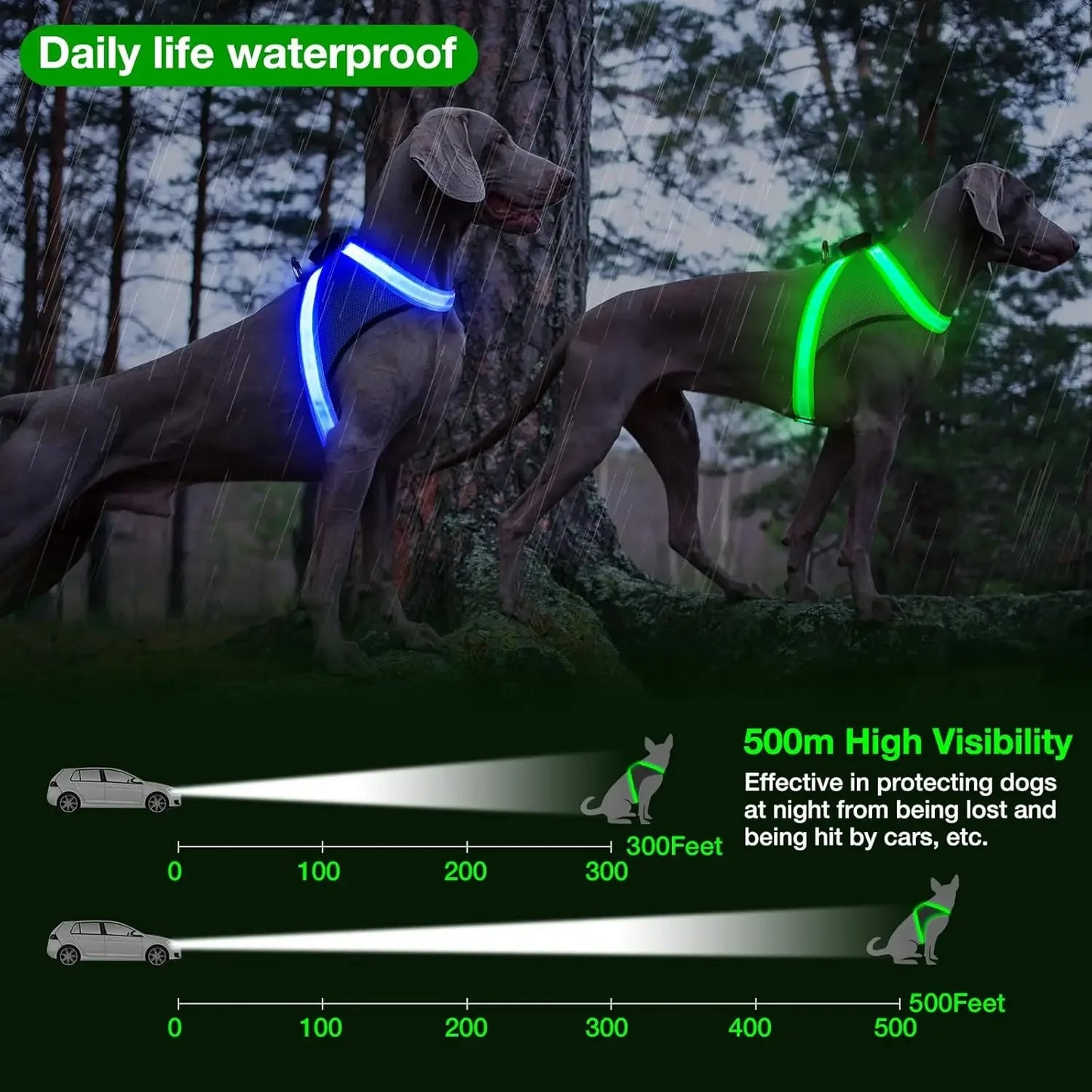 Light Up Dog Harness, USB Rechargeable No-Pull LED Glow-in-The-Dark Safety Vest for Medium Large Dogs with 360° Illumination and