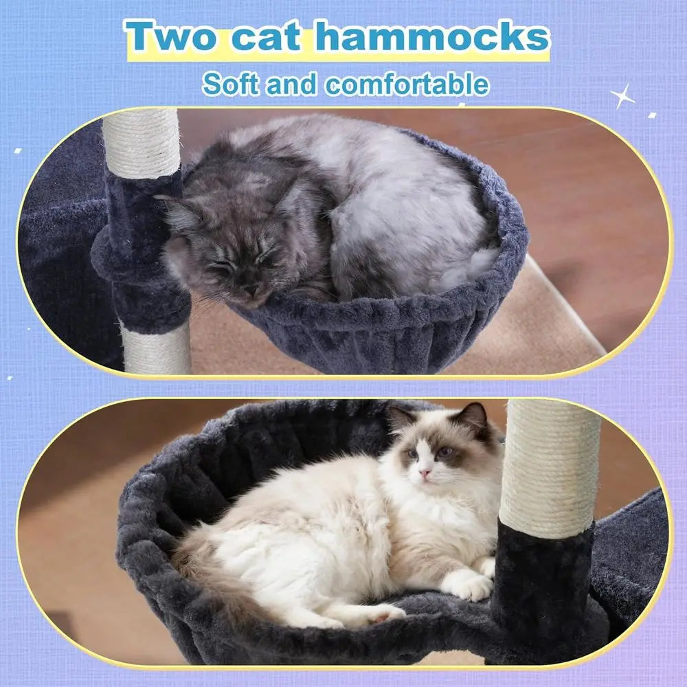 Hey-Cat Tree Tower, Scratching Posts with Extra Large Platorm and Basket, Specious Condo, 2 Cozy Hammocks, Scratch Board or Indo