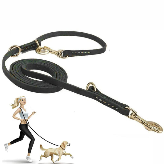 Genuine Leather Hands Free Adjustable Service Dog Leash Strong Multi Function Cross Body Leash for Dogs 7 Uses in One Pet Lead