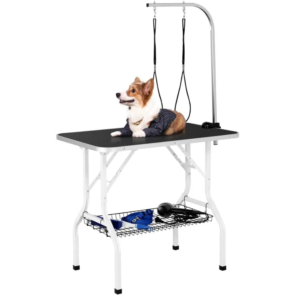 Yah 36'' Dog Grooming Table, Pet Foldable Grooming Table w/Double Loops/Mesh Tray/Adjustable Arm, Black