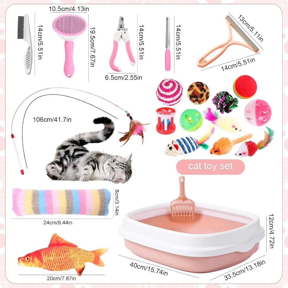 Kitten Starter Kit: 37 Pcs Indoor Cat Essentials with Bed, Carrier, Litter Box, Toys & More (Pink)