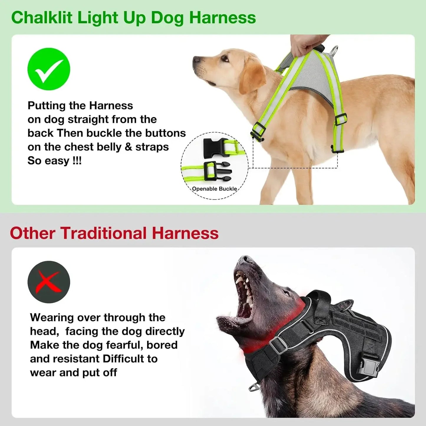 Light Up Dog Harness, USB Rechargeable No-Pull LED Glow-in-The-Dark Safety Vest for Medium Large Dogs with 360° Illumination and