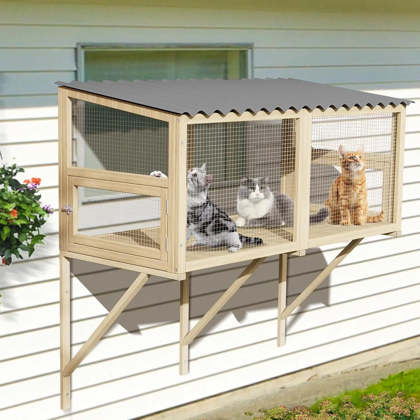 Cat Window Box for Multiple Indoor Cats, Catio Pet Perch with Metal Mesh Locking Side Door, Wooden Enclosure Window All Weather