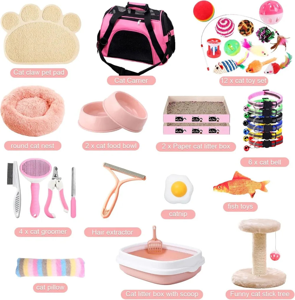 Kitten Starter Kit: 37 Pcs Indoor Cat Essentials with Bed, Carrier, Litter Box, Toys & More (Pink)