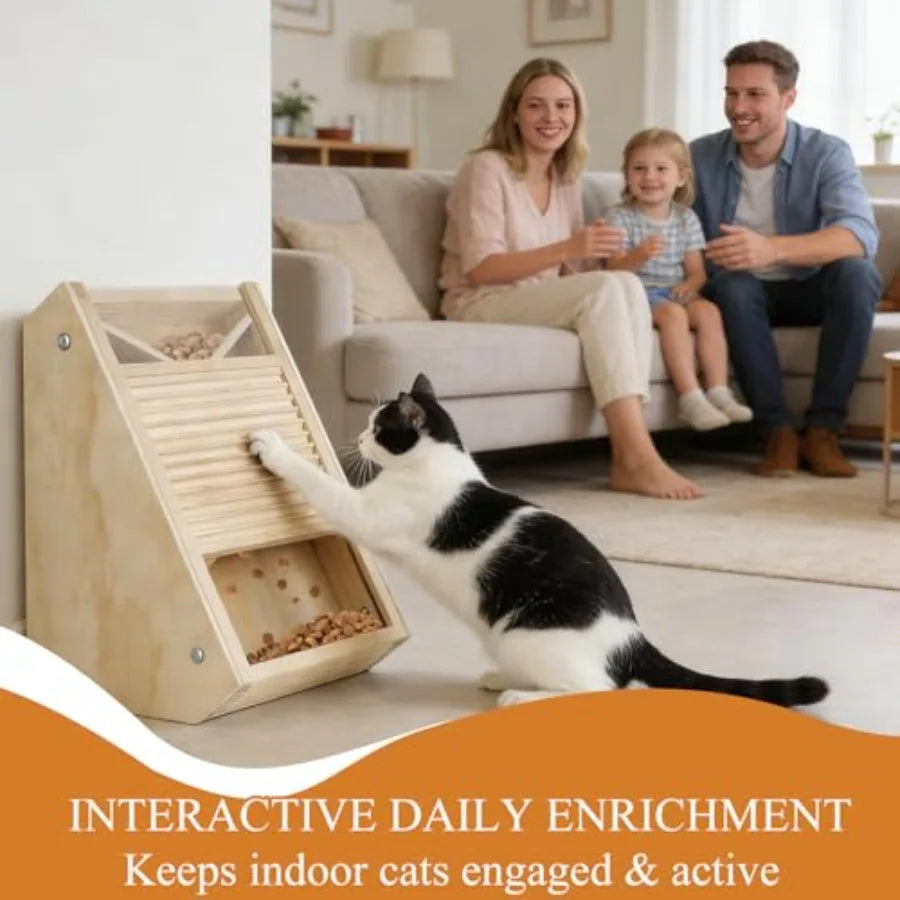 Interactive Wooden Cat Treat Toy for Indoor Cats Paw-Activated Reward Feeder in Natural Wood Finish Mental Stimulation Puzzle F