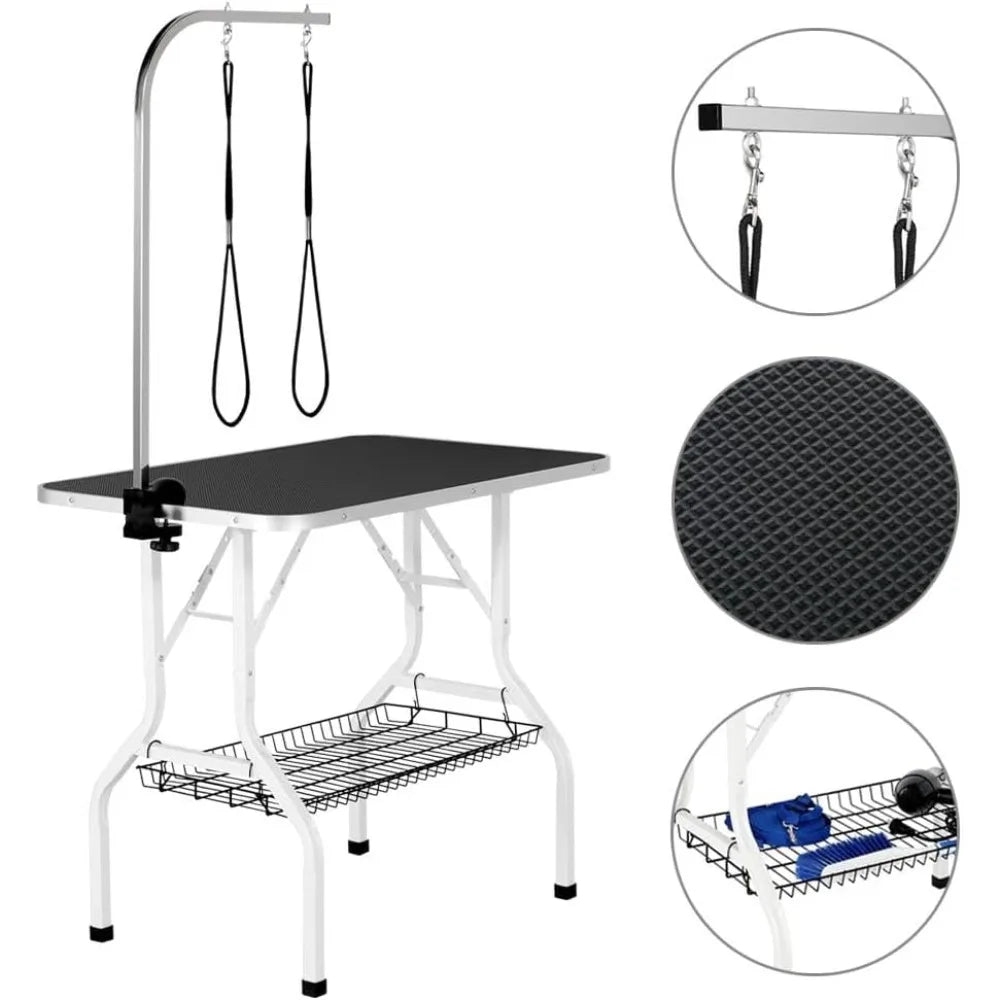 Yah 36'' Dog Grooming Table, Pet Foldable Grooming Table w/Double Loops/Mesh Tray/Adjustable Arm, Black