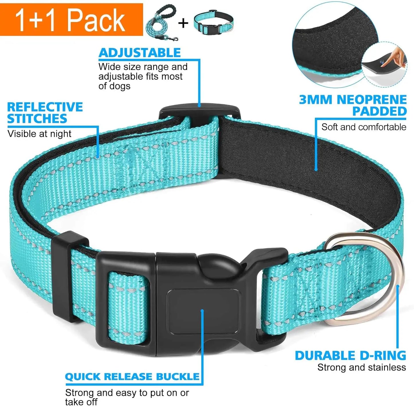 Reflective Dog Collar Padded with Soft Neoprene, Breathable Adjustable Nylon, Includes Free Leash, for Small Medium Large Dogs (Blue, Medium)