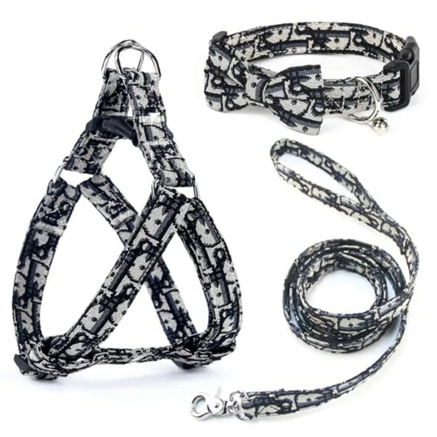 Dog Collar and Harness with Leash Set, Premium Breathable Harnesses for Girl Boy Dogs, No Pull Easy Walking Pet Harness, Black,
