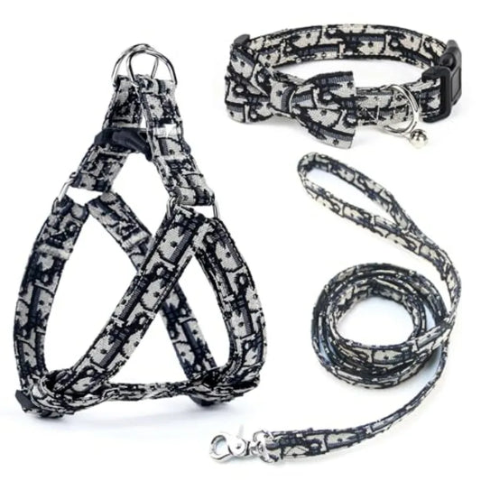 Dog Collar and Harness with Leash Set, Premium Breathable Harnesses for Girl Boy Dogs, No Pull Easy Walking Pet Harness, Black,