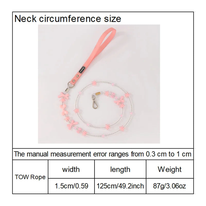 PU Leather Pet Beads Collar Pink Dog Leash Built in Wire Rope Durable Dog Collar Leash Set for Cats Small Dogs Pet Accessor
