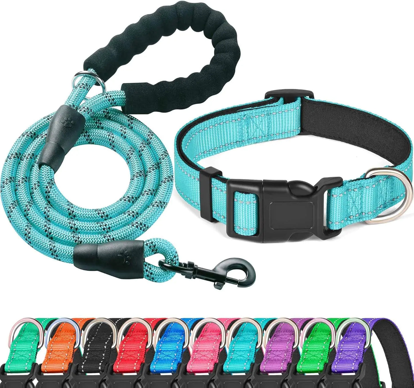 Reflective Dog Collar Padded with Soft Neoprene, Breathable Adjustable Nylon, Includes Free Leash, for Small Medium Large Dogs (Blue, Medium)