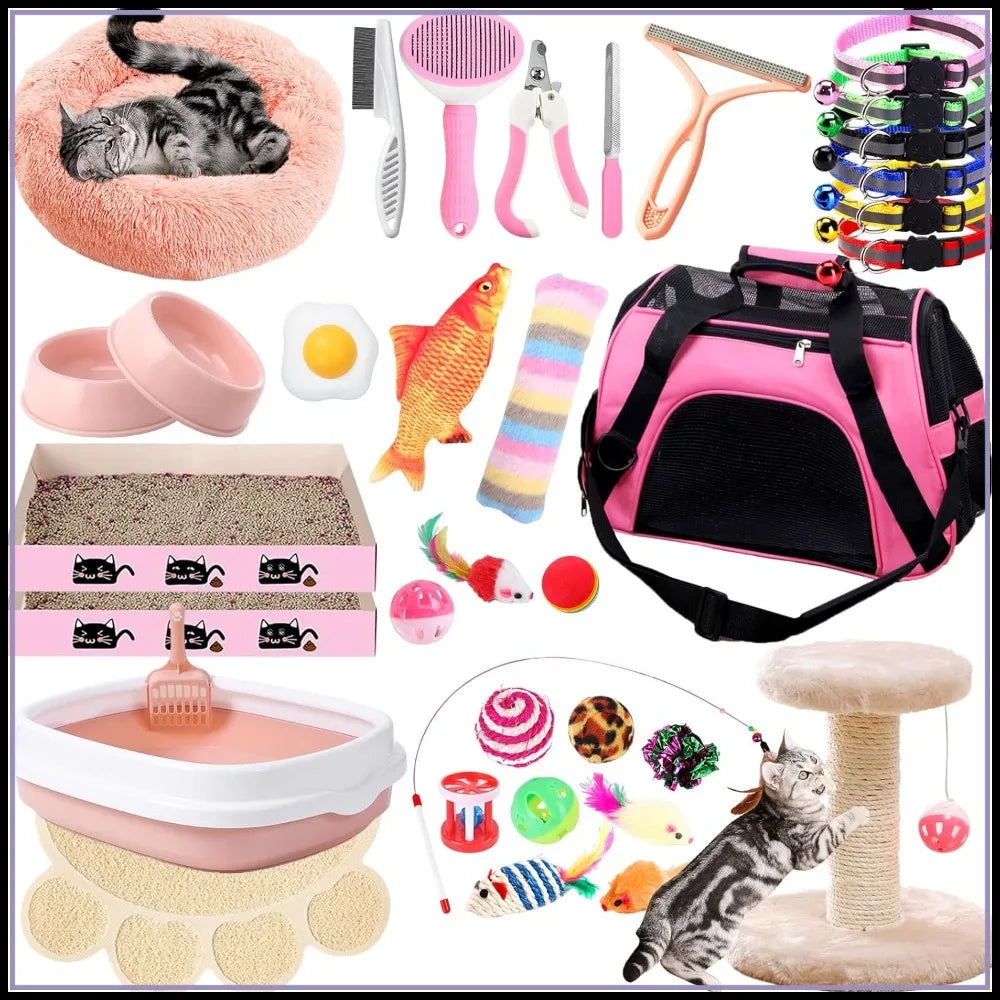 Kitten Starter Kit: 37 Pcs Indoor Cat Essentials with Bed, Carrier, Litter Box, Toys & More (Pink)