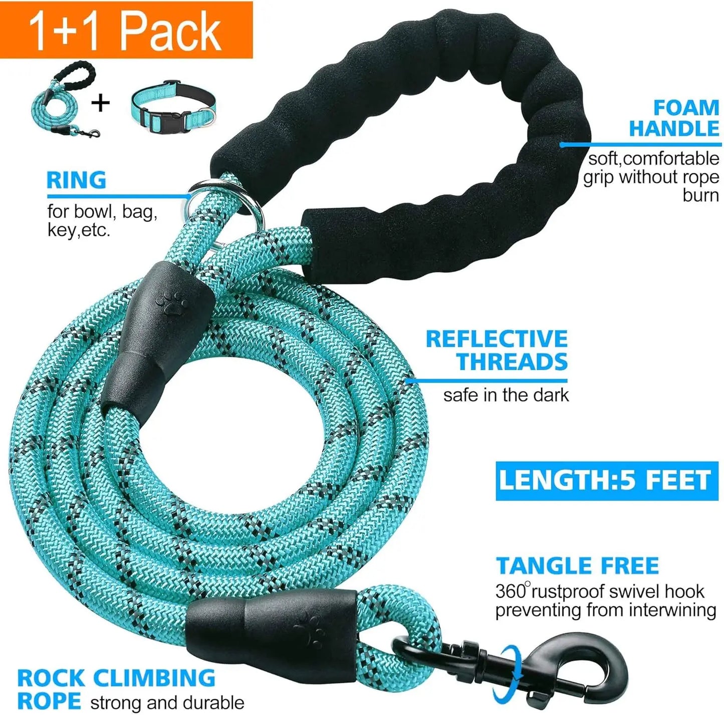 Reflective Dog Collar Padded with Soft Neoprene, Breathable Adjustable Nylon, Includes Free Leash, for Small Medium Large Dogs (Blue, Medium)