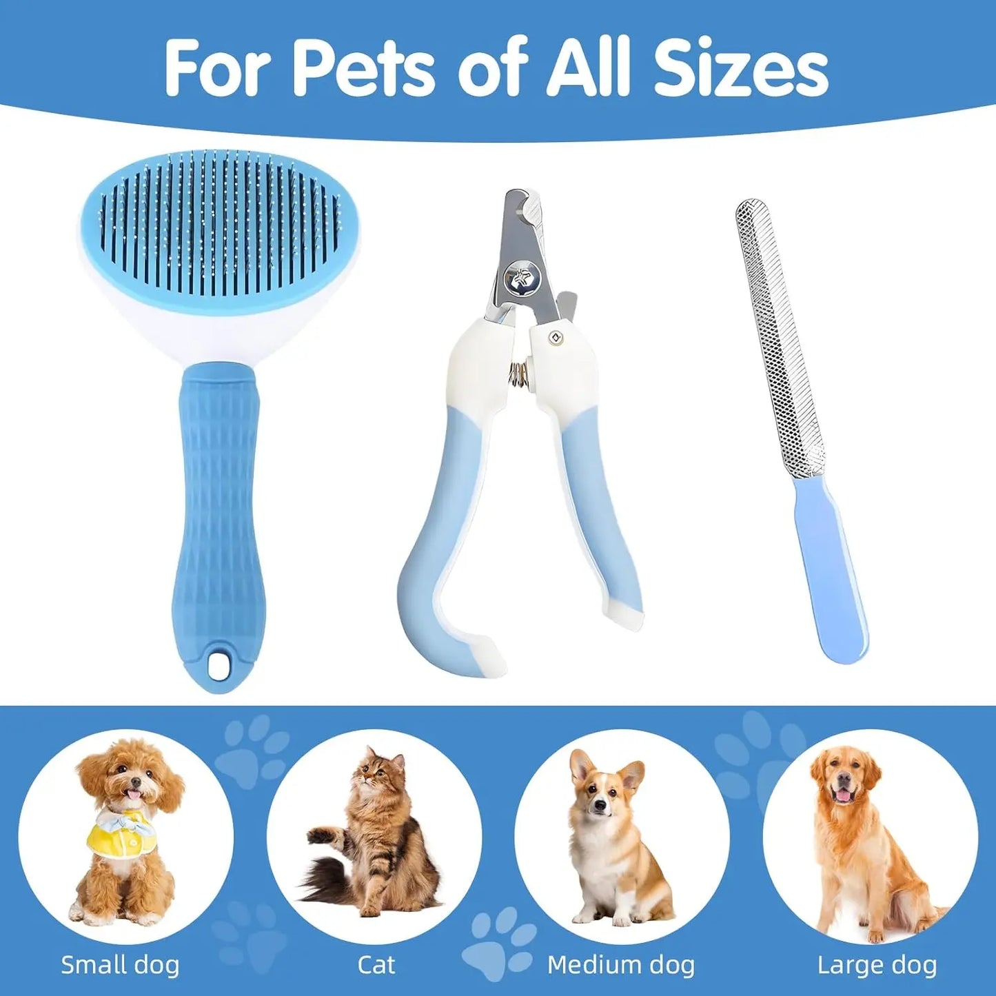 Pet Grooming Kit, Self-Cleaning Slicker Brush & Nail Clipper for Dogs Cats, Remove Loose Hair, Blue