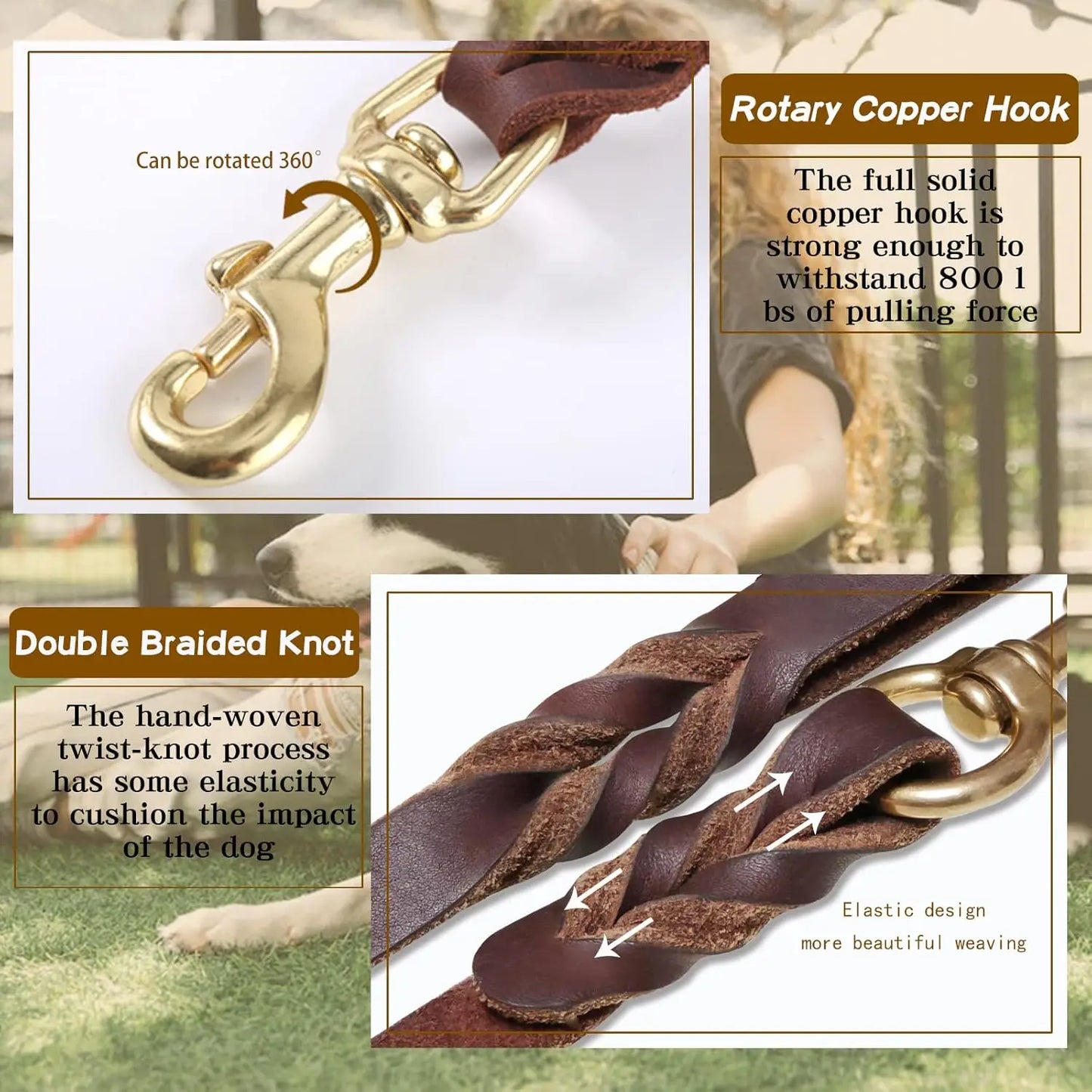 6ft x 3/4 inch Genuine Leather Braided Dog Leash, Strong Heavy Duty for Large and Medium Dogs, Soft Comfortable Brown