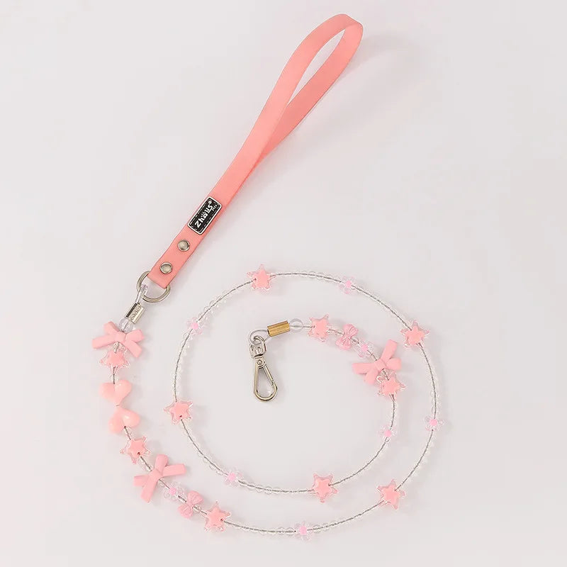 PU Leather Pet Beads Collar Pink Dog Leash Built in Wire Rope Durable Dog Collar Leash Set for Cats Small Dogs Pet Accessor
