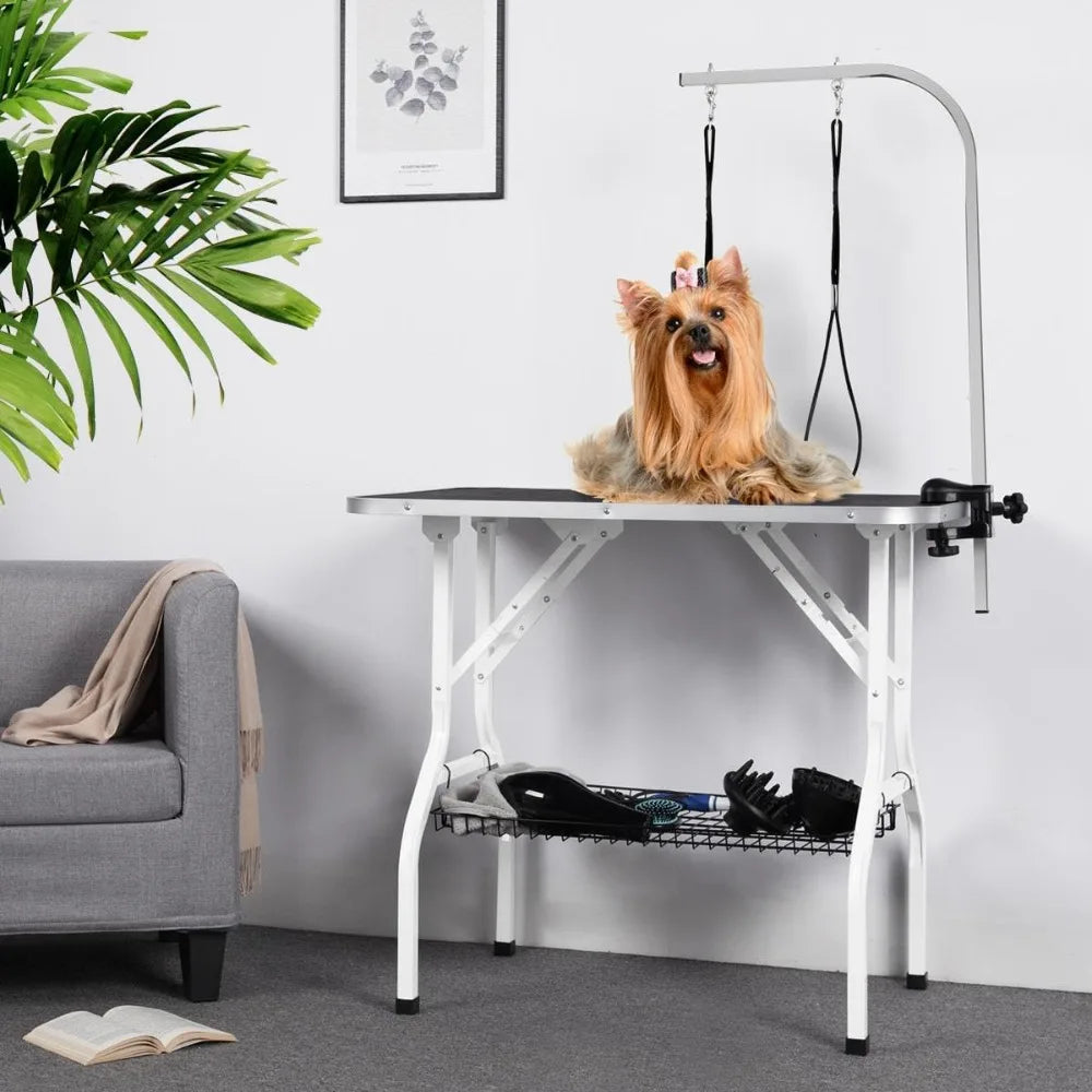 Yah 36'' Dog Grooming Table, Pet Foldable Grooming Table w/Double Loops/Mesh Tray/Adjustable Arm, Black
