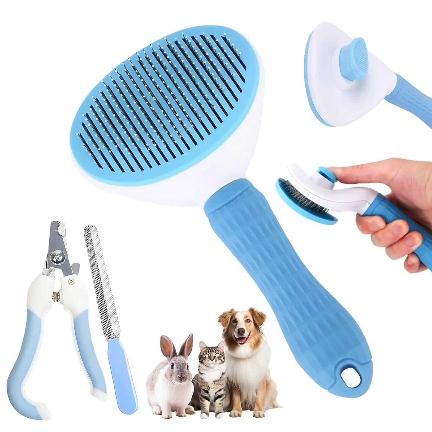 Pet Grooming Kit, Self-Cleaning Slicker Brush & Nail Clipper for Dogs Cats, Remove Loose Hair, Blue
