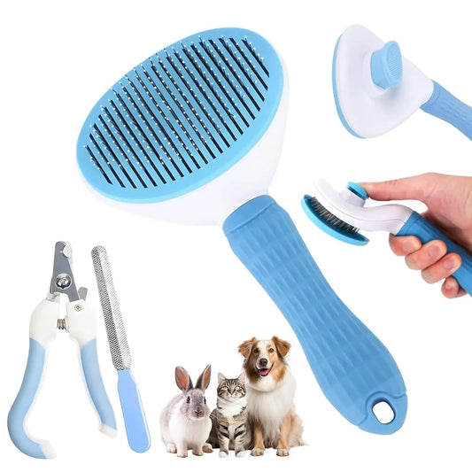 Pet Grooming Kit, Self-Cleaning Slicker Brush & Nail Clipper for Dogs Cats, Remove Loose Hair, Blue