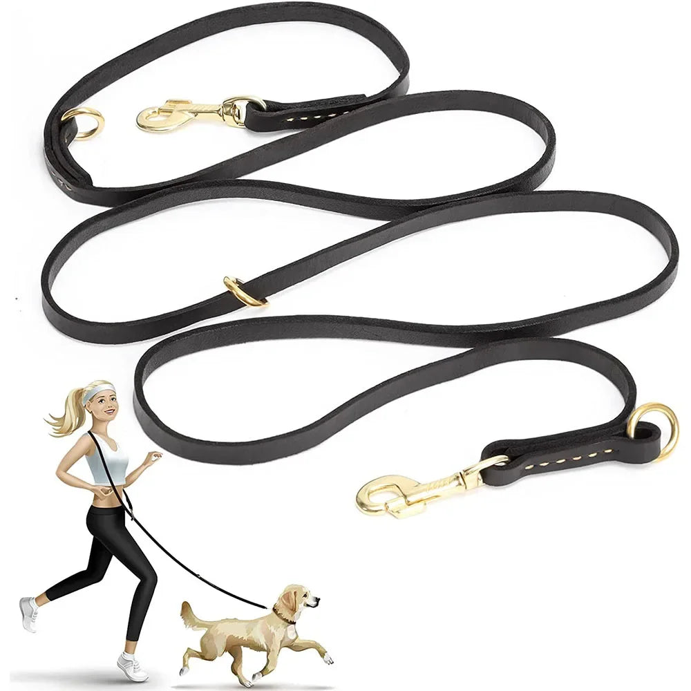 Genuine Leather Hands Free Adjustable Service Dog Leash Strong Multi Function Cross Body Leash for Dogs 7 Uses in One Pet Lead