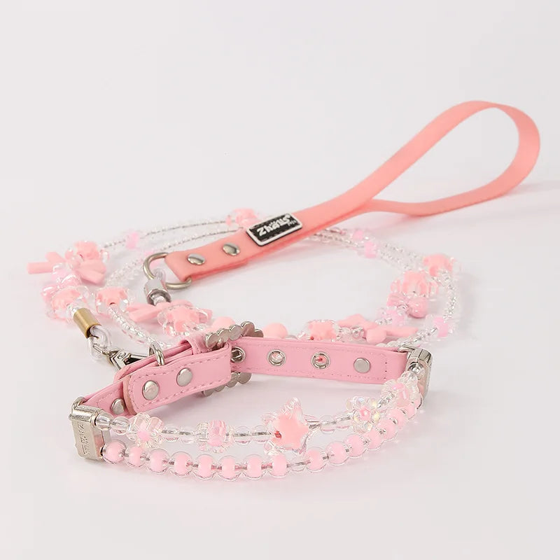 PU Leather Pet Beads Collar Pink Dog Leash Built in Wire Rope Durable Dog Collar Leash Set for Cats Small Dogs Pet Accessor