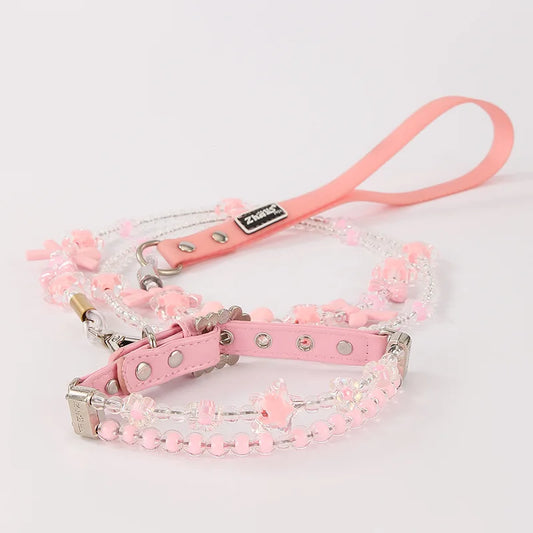 PU Leather Pet Beads Collar Pink Dog Leash Built in Wire Rope Durable Dog Collar Leash Set for Cats Small Dogs Pet Accessor