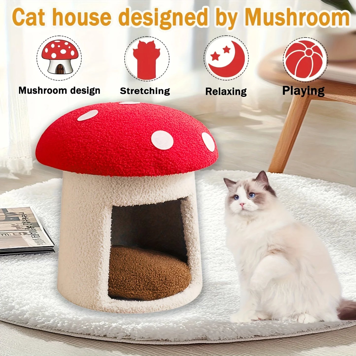 Mushroom Cat Bed Chocolate Biscuit Cat Bed Suitable for Indoor Cats, Mushroom Cow-Shaped Cat Cave Bed, Cat Tent with Removable and Washable Cushion Pillow, Cat House Bed Suitable for Cats and Small Dogs