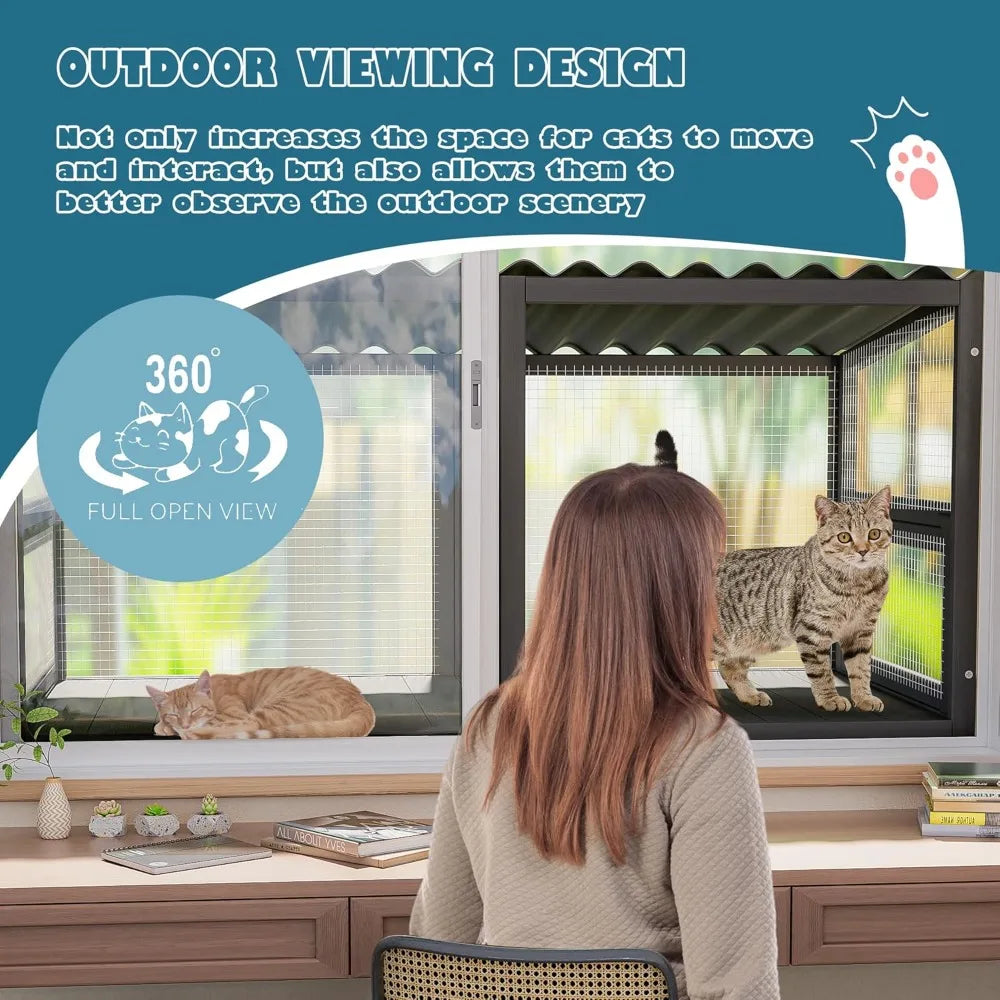 Cat Window Box for Multiple Indoor Cats, Catio Pet Perch with Metal Mesh Locking Side Door, Wooden Enclosure Window All Weather