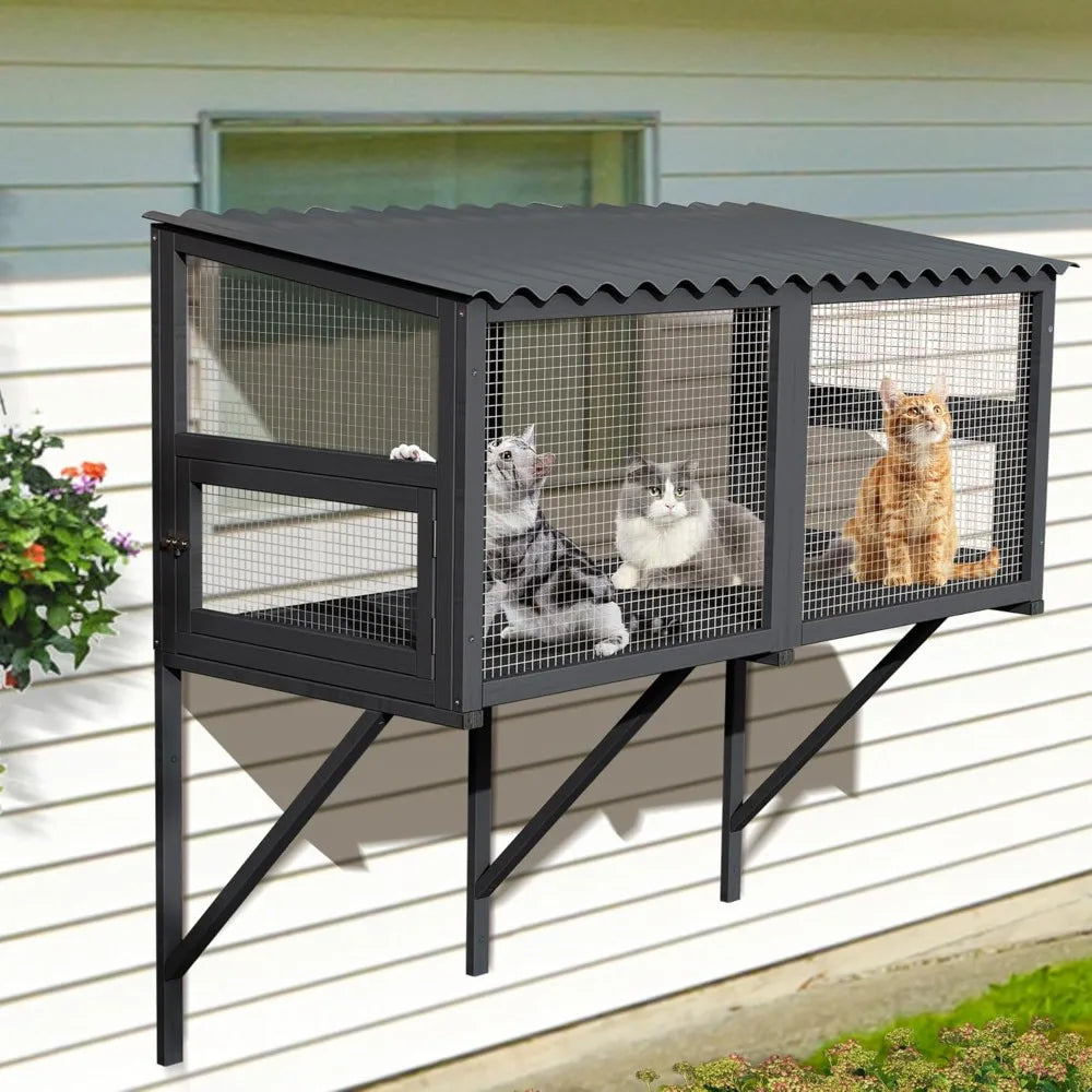 Cat Window Box for Multiple Indoor Cats, Catio Pet Perch with Metal Mesh Locking Side Door, Wooden Enclosure Window All Weather