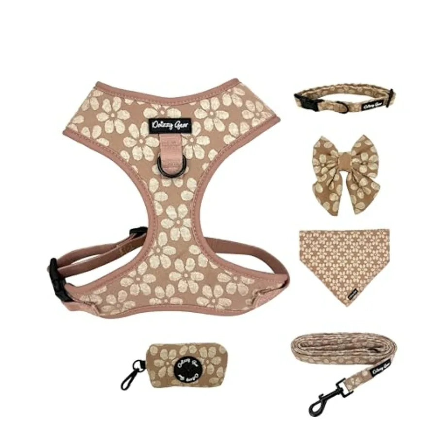 Dog Collar and Harness Set No Pull, All-Weather, Breathable Harness and Leash Set with Collar, Bandana, Sailor Bow and Poop Bag