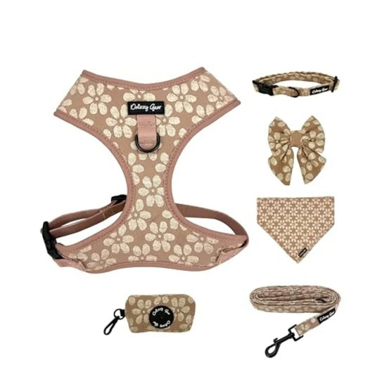 Dog Collar and Harness Set No Pull, All-Weather, Breathable Harness and Leash Set with Collar, Bandana, Sailor Bow and Poop Bag