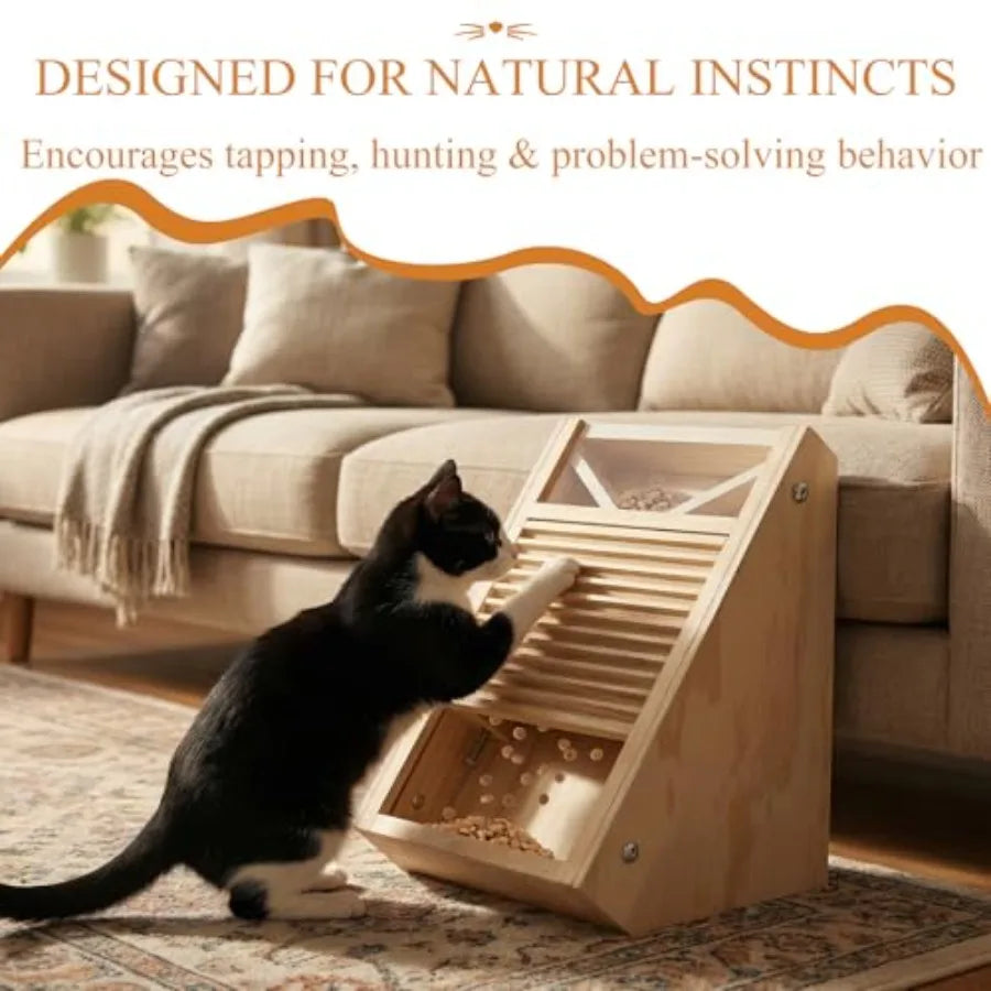 Interactive Wooden Cat Treat Toy for Indoor Cats Paw-Activated Reward Feeder in Natural Wood Finish Mental Stimulation Puzzle F