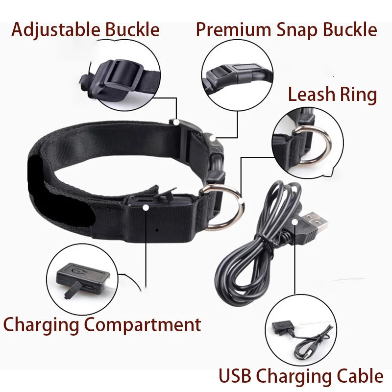 LED Illuminated Dog Collar Adjustable Flashing Lights USB Rechargeable Suitable For Small,Medium,Large,Dog Pet Safety Harness