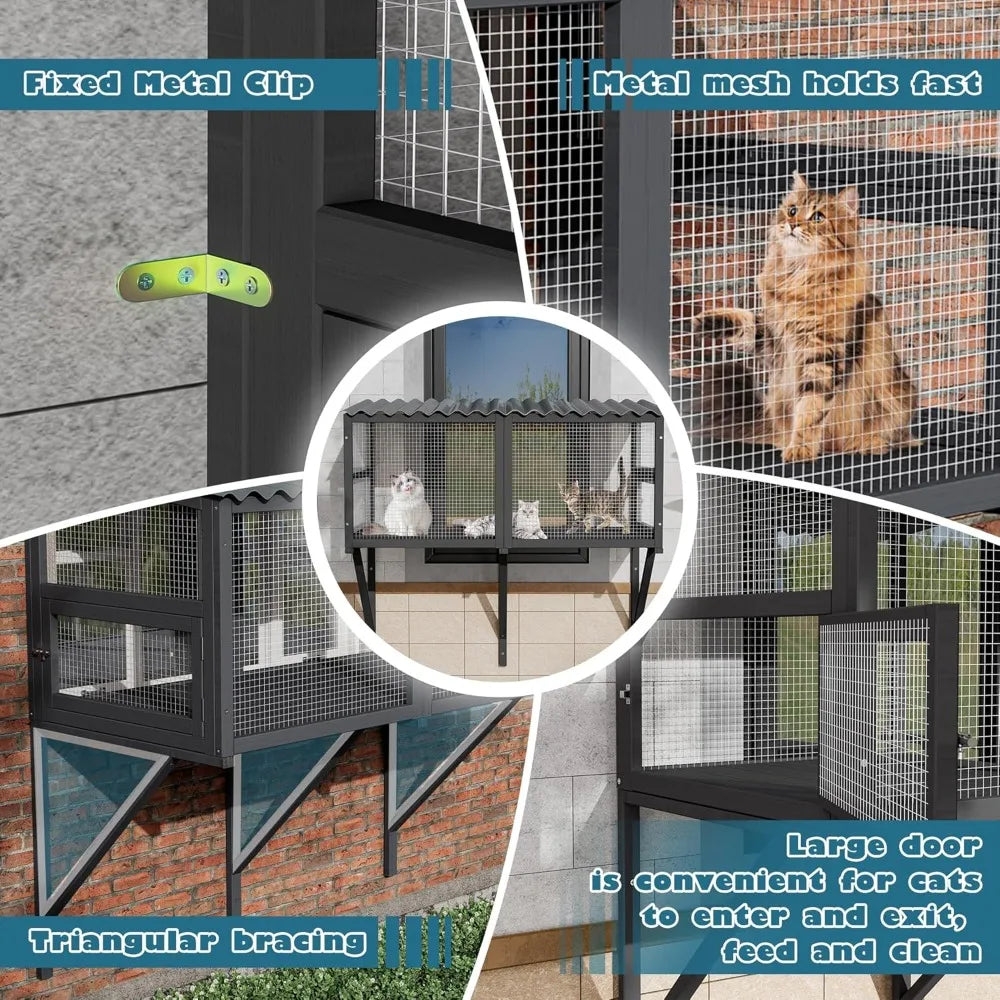 Cat Window Box for Multiple Indoor Cats, Catio Pet Perch with Metal Mesh Locking Side Door, Wooden Enclosure Window All Weather
