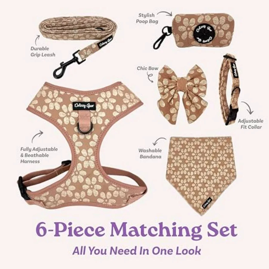 Dog Collar and Harness Set No Pull, All-Weather, Breathable Harness and Leash Set with Collar, Bandana, Sailor Bow and Poop Bag