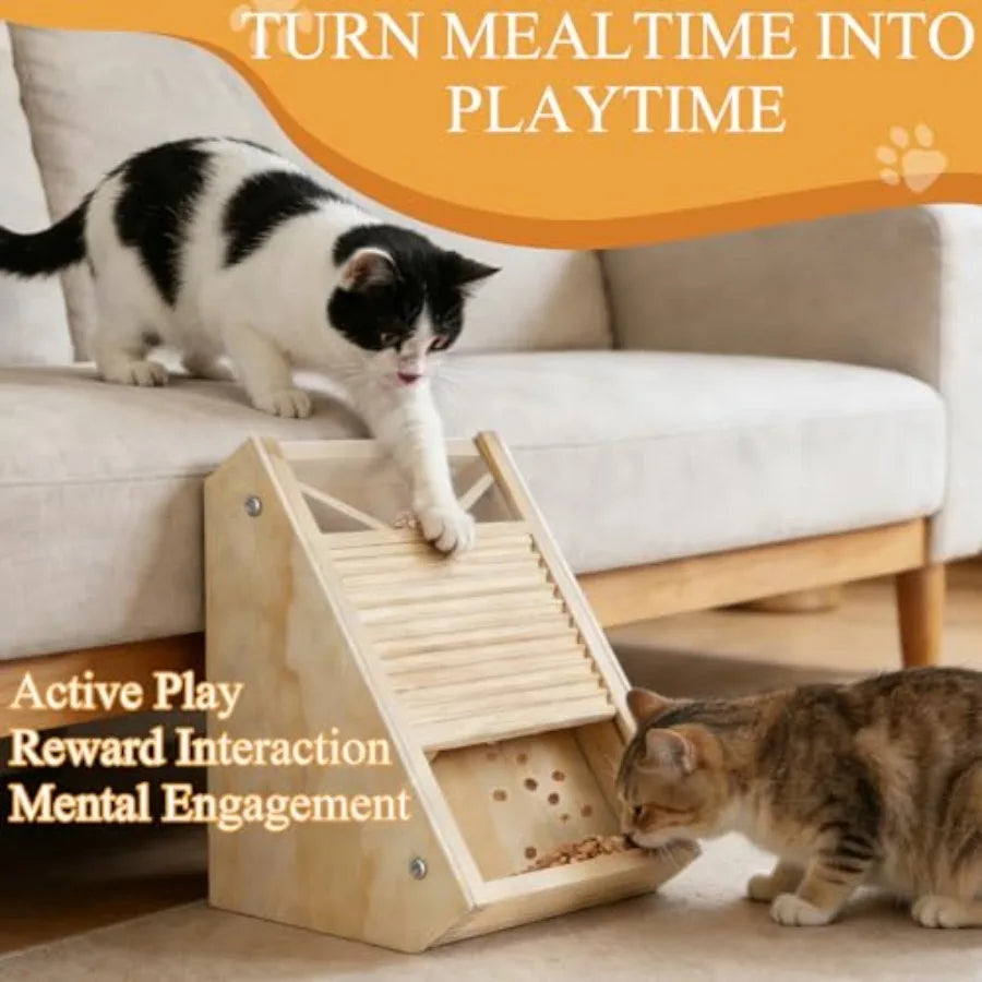 Interactive Wooden Cat Treat Toy for Indoor Cats Paw-Activated Reward Feeder in Natural Wood Finish Mental Stimulation Puzzle F