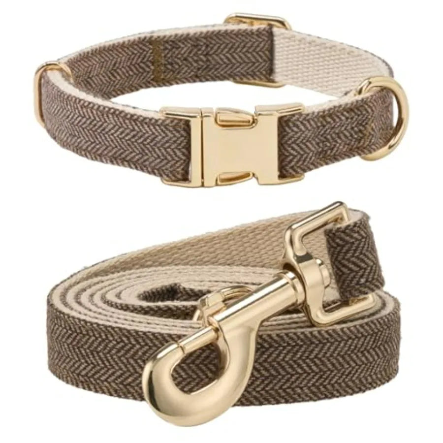 Soft Dog Collar and Leash Set Adjustable Woven Tweed Dog Collars with Metal Buckle and Lead for Dogs, Pink