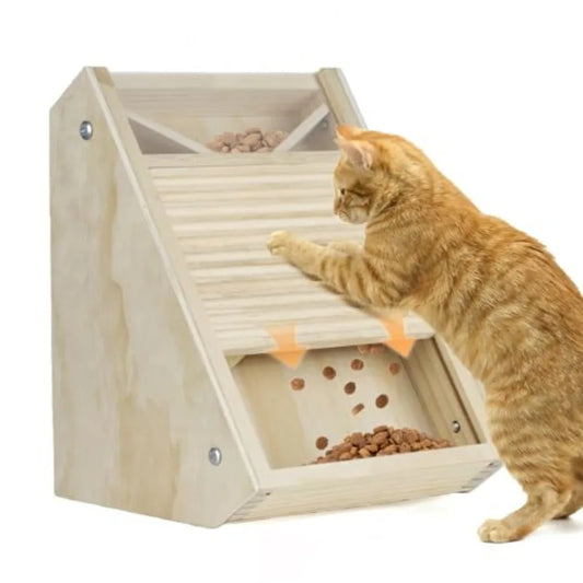 Interactive Wooden Cat Treat Toy for Indoor Cats Paw-Activated Reward Feeder in Natural Wood Finish Mental Stimulation Puzzle F