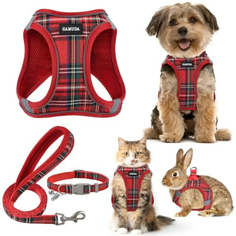 Small Dog Harness Collar and Leash Set, Step in No Chock No Pull Soft Mesh Adjustable Dog Vest Harnesses Plaid Reflective for D