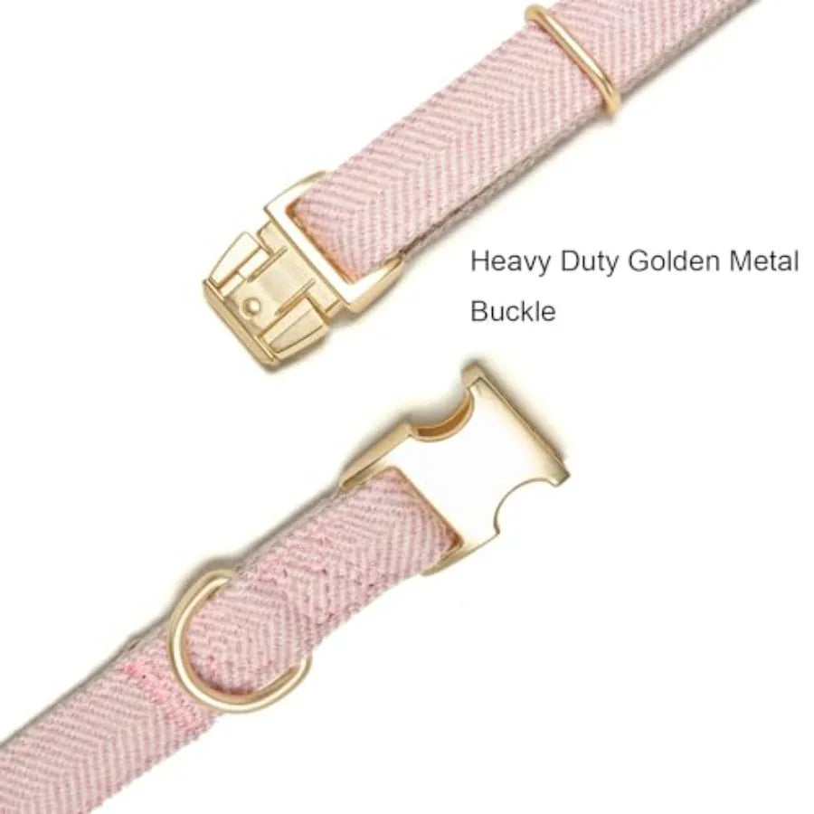 Soft Dog Collar and Leash Set Adjustable Woven Tweed Dog Collars with Metal Buckle and Lead for Dogs, Pink