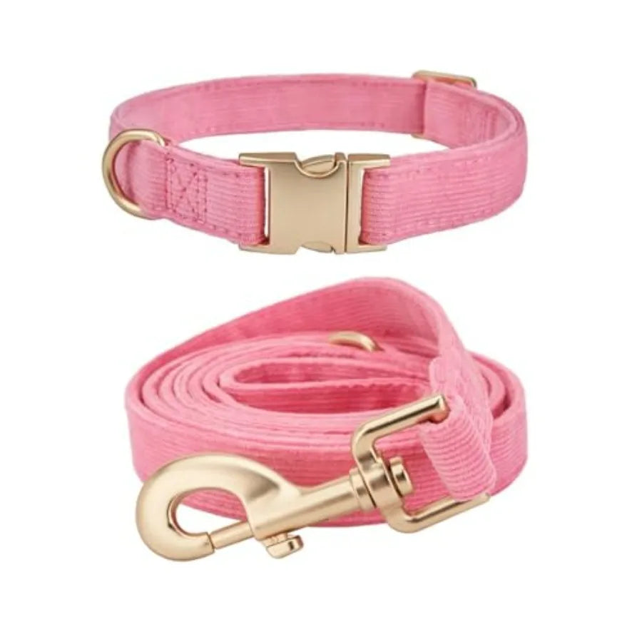 Soft Dog Collar and Leash Set Adjustable Woven Tweed Dog Collars with Metal Buckle and Lead for Dogs, Pink