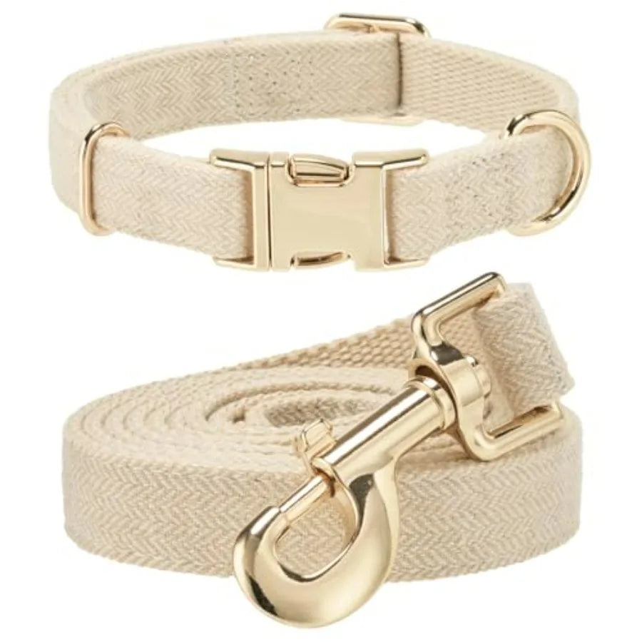 Soft Dog Collar and Leash Set Adjustable Woven Tweed Dog Collars with Metal Buckle and Lead for Dogs, Pink