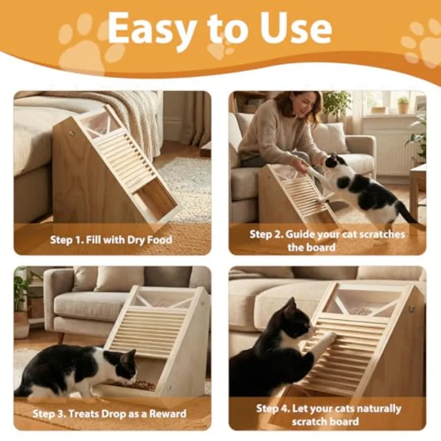Interactive Wooden Cat Treat Toy for Indoor Cats Paw-Activated Reward Feeder in Natural Wood Finish Mental Stimulation Puzzle F