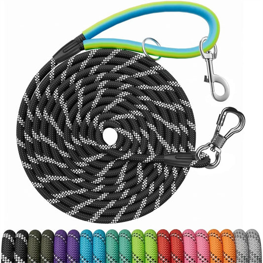 30 FT Dog Leash With 2 Swivel Hooks, Reflective Threads And Soft Handle, Obedience Recall Training Lead For Small Medium Large Dogs Black