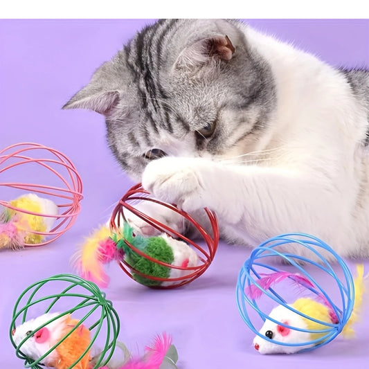 1Pc Interactive Cat Teasing Toys Simulation Of Mice In Wire Cages Mini Cat Toys Balls Pet Novel Spherical Cat Toy