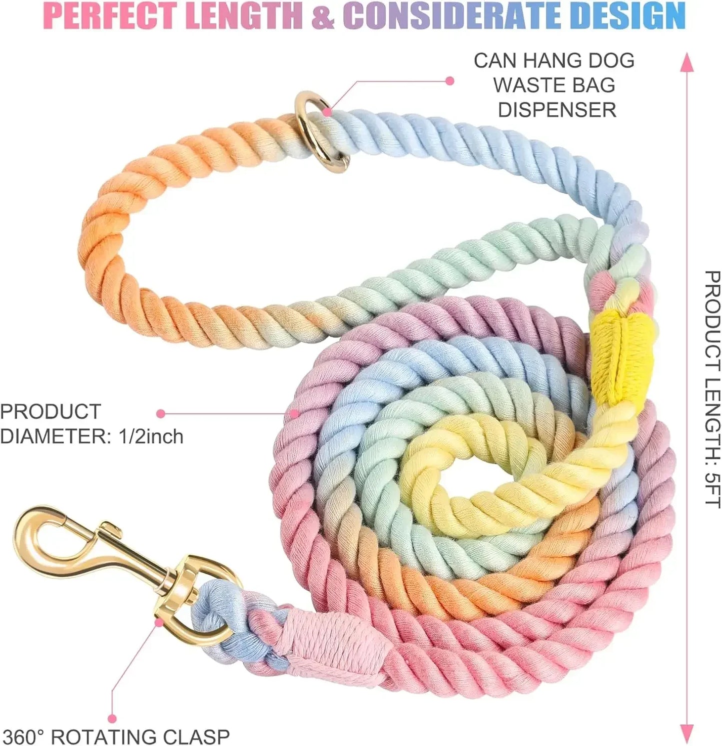 Handmade Braided Cotton Dog Leash 5 FT Heavy Duty Metal Clasp For Small Medium Large Dogs Colorful Macaron
