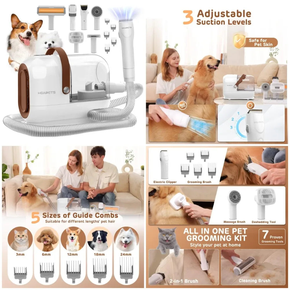 Dog Grooming Vacuum Kit - 3L Vacuum with 7 Tools, Low Noise Electric Clipper and Brush for Pet Shedding at Home, White