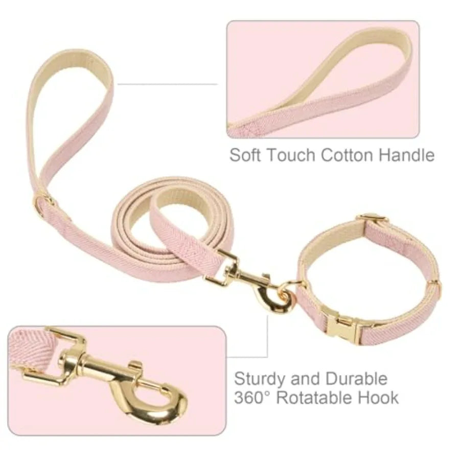 Soft Dog Collar and Leash Set Adjustable Woven Tweed Dog Collars with Metal Buckle and Lead for Dogs, Pink