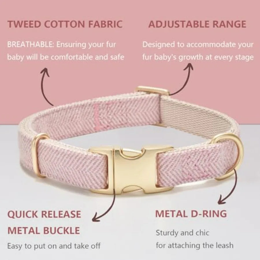 Soft Dog Collar and Leash Set Adjustable Woven Tweed Dog Collars with Metal Buckle and Lead for Dogs, Pink